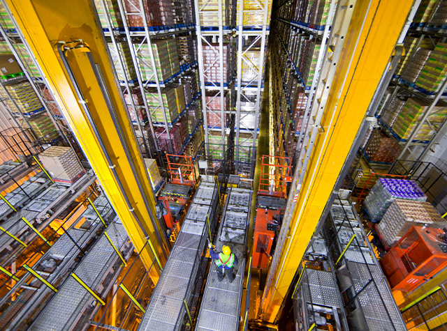 A wide view of a warehouse featuring an AS/RS automated storage and retrieval system.
