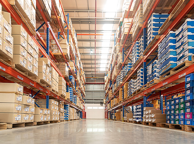 Narrow aisle warehouse pallet racking.